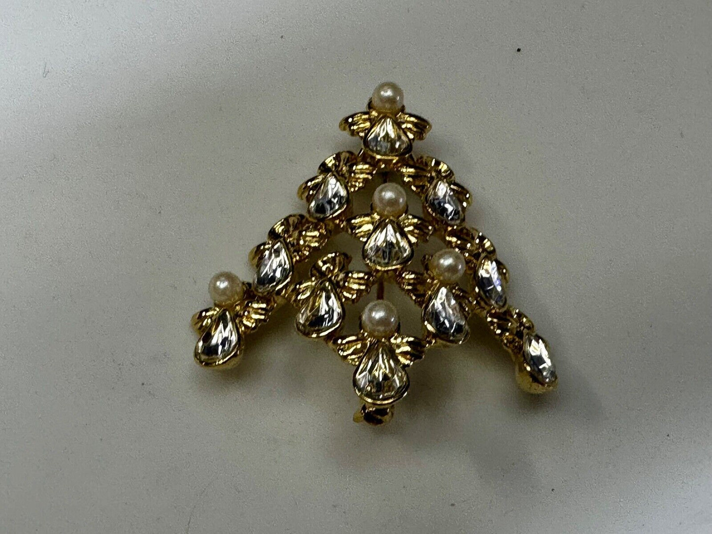 Angel Christmas Tree with Faux Pearls Vtg. Gold Tone Brooch Pin by Ninna Ricci