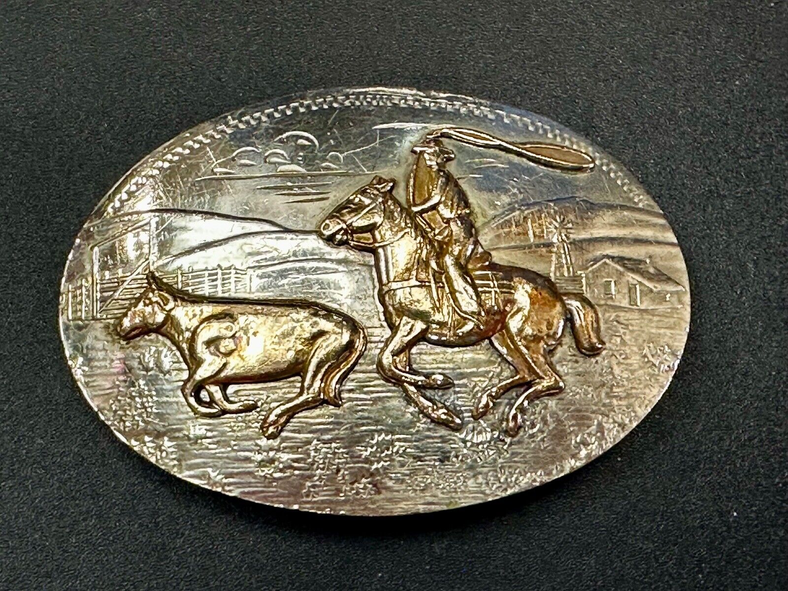 Two Horse Riding Cowboy's German Silver Belt Buckle by Comstock Silversmiths