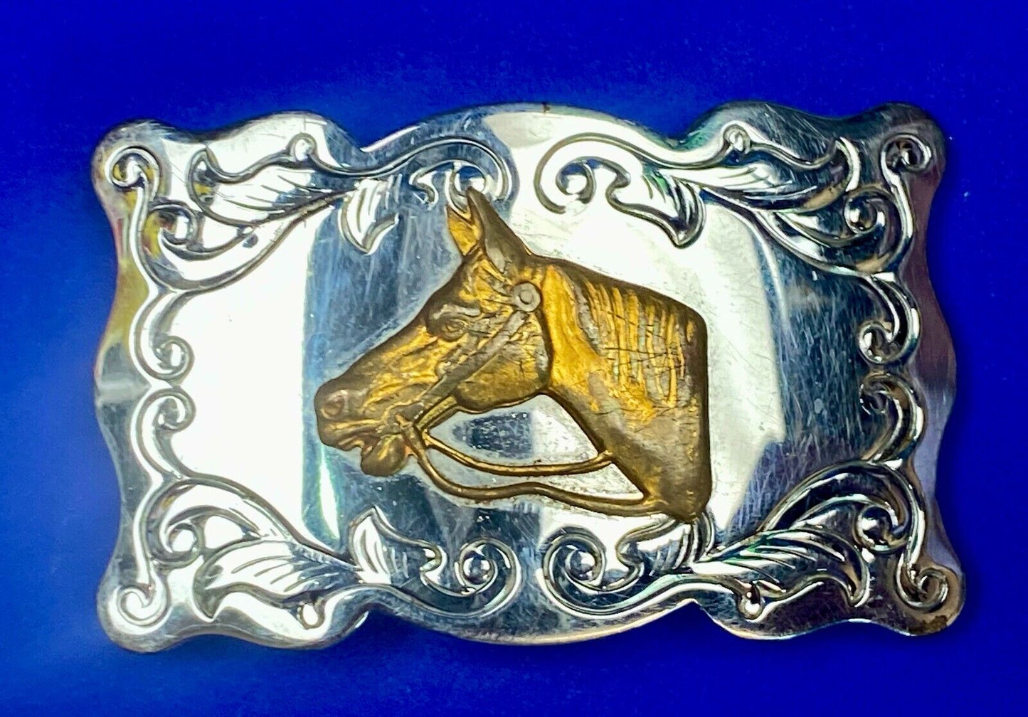 Two Tone Ornate Boarder Horse Head Western Rodeo Cowgirl Cowboys Belt Buckle