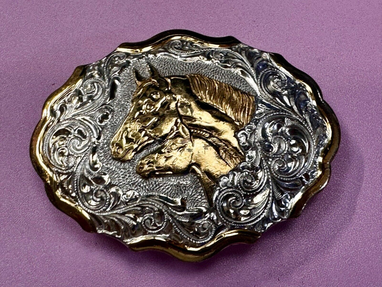 Two Horse Heads Beautiful  Ornate Rodeo Cowboy Two Tone Belt Buckle by Crumrine