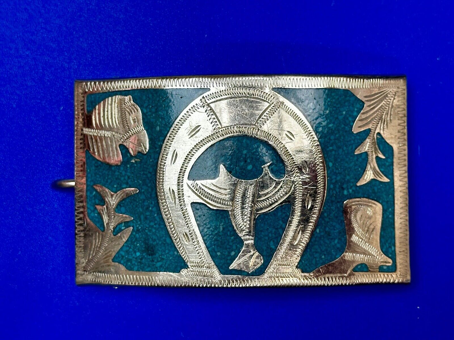 Turquoise Inlaid  Western Horse Cowboy Horseshoe Belt Buckle Stamped Alpaca