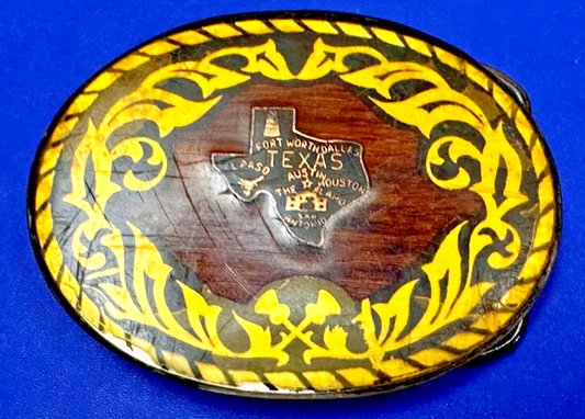 Texas Cutout State Shaped Center On Wooden Vintage Belt Buckle By Harmony Medals