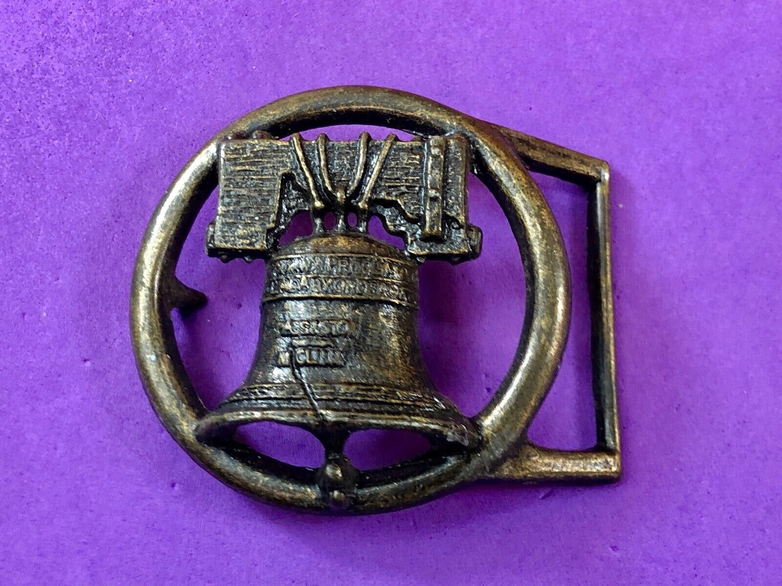 Vintage Figural Cut out Round Skeleton Liberty Bell Belt Buckle 