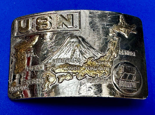 USN United State Navy Japan Korea Map Military Style Ratchet Belt Buckle