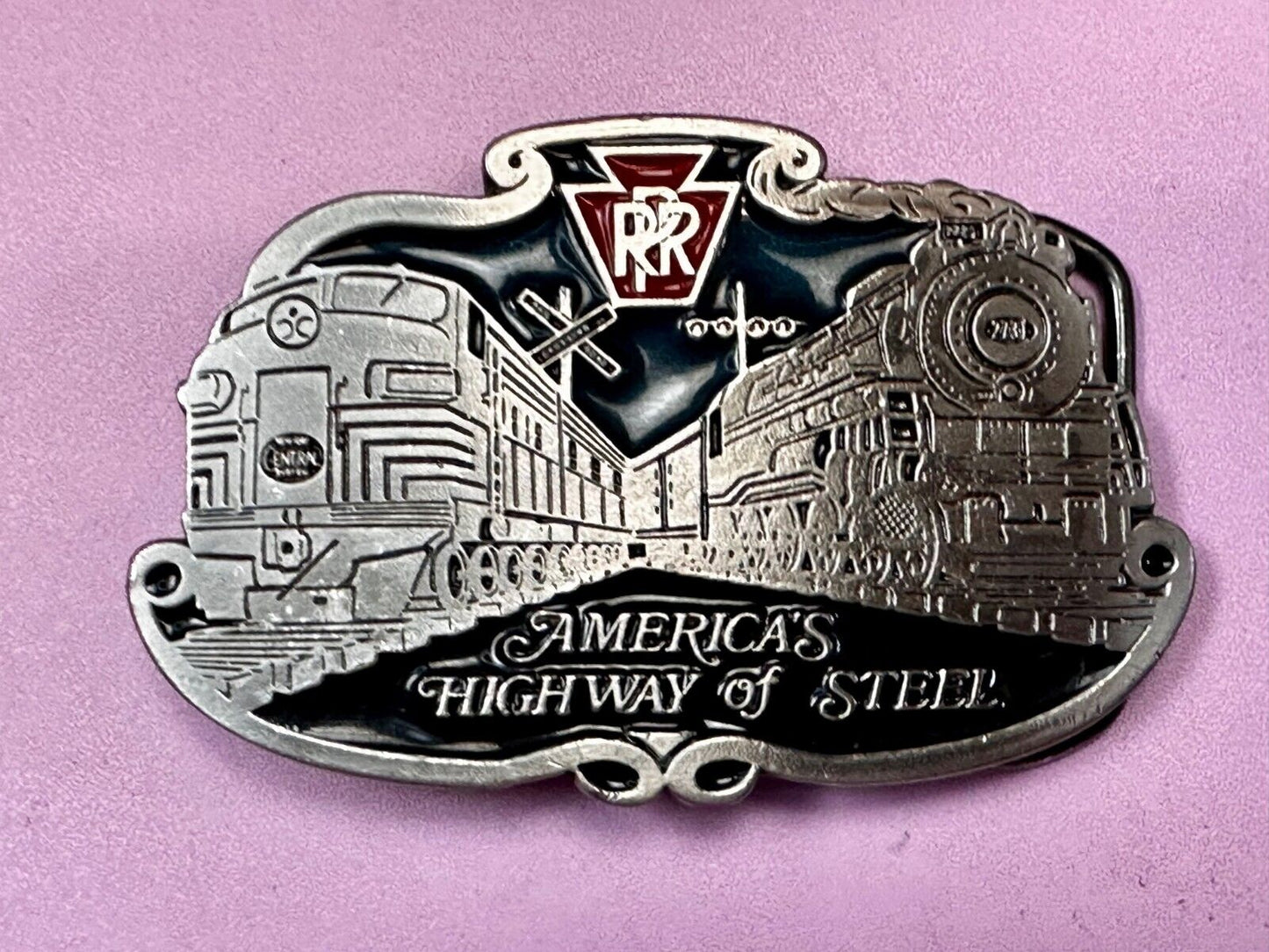 America’s Highway Of Steel RR Double Railroad Train Belt Buckle Made in USA 2396