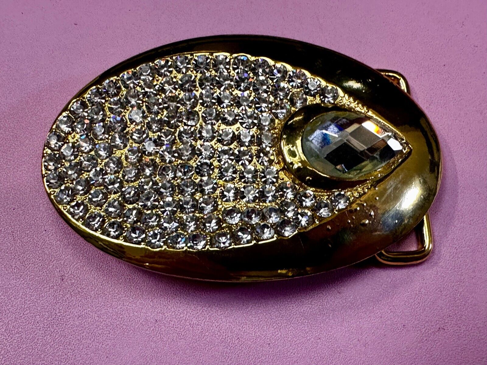 Beautiful Stylish Clear Rhinestone Covered Gold Tone Designer Oval Belt Buckle
