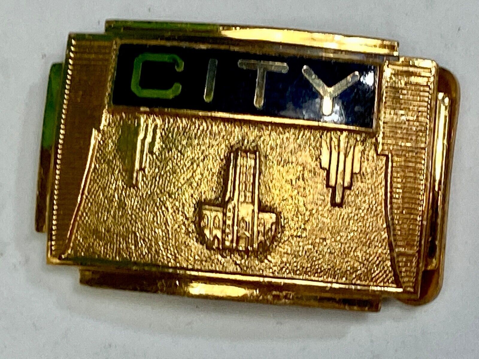 1930's CITY picture & words, Gold and Black color formal belt buckle by Jenkins 