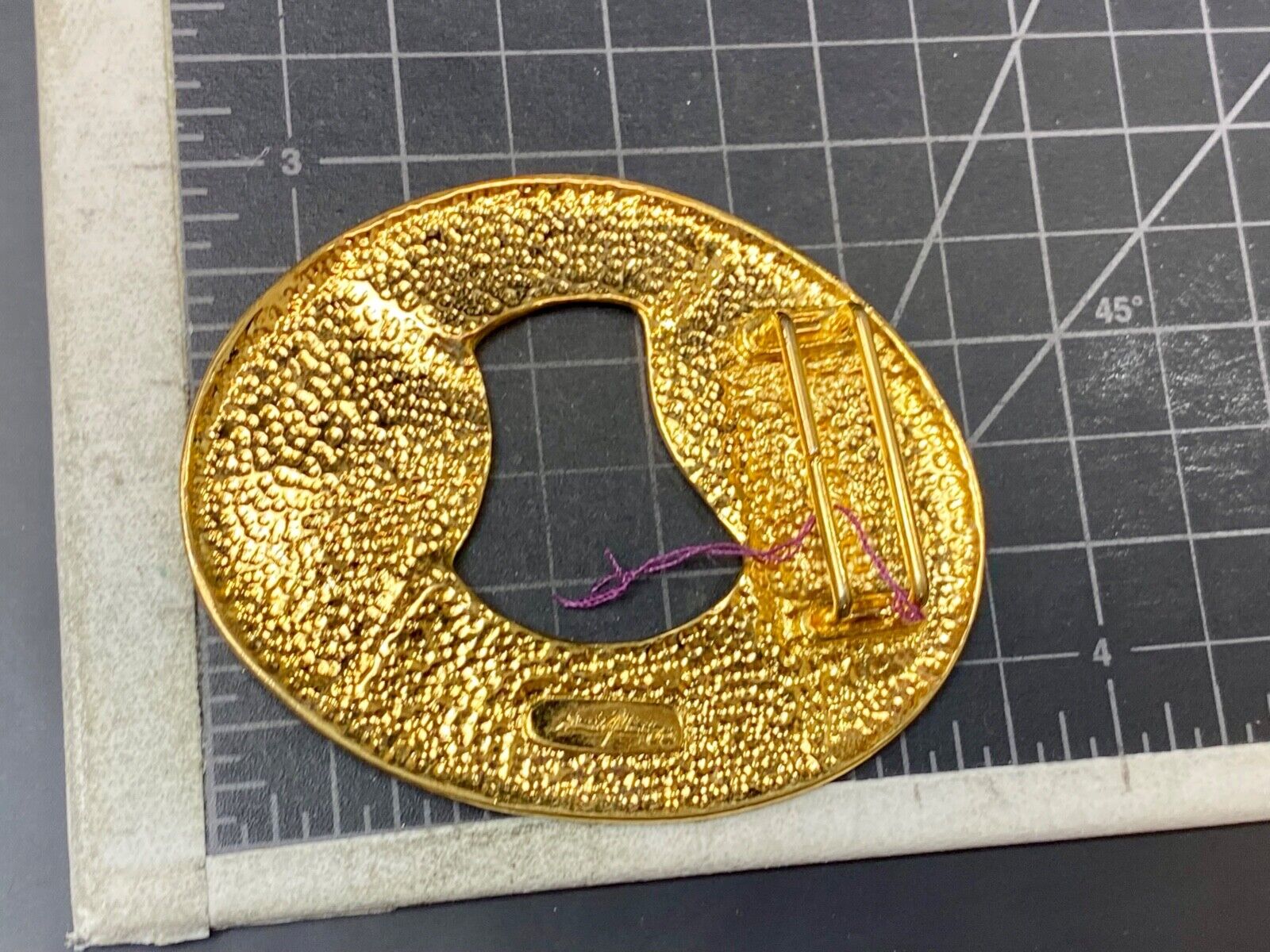 Artist Ginnie Johansen signed gold color abstract oval belt scarf slide