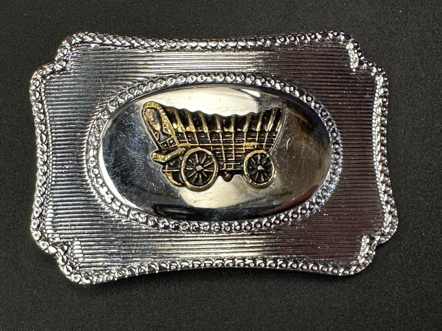 Vintage Horse Drawn Covered wagon on western two tone belt buckle