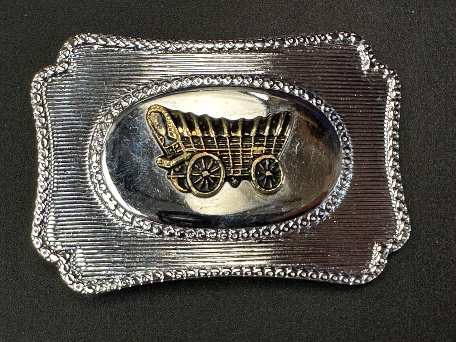 Vintage Horse Drawn Covered wagon on western two tone belt buckle