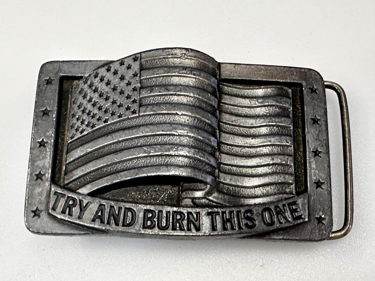 Try And Burn This One Patriotic American Flag USA Vintage 1990 Belt Buckle by CJ