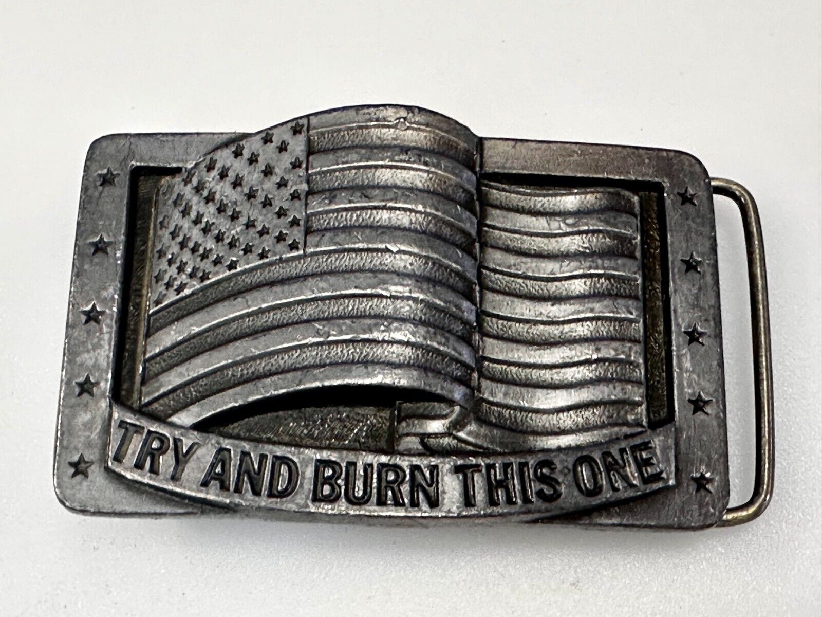 Try And Burn This One Patriotic American Flag USA Vintage 1990 Belt Buckle by CJ
