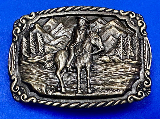 Tall In The Saddle Western Cowboy Leading Wagon Train Vintage ART Belt Buckle 