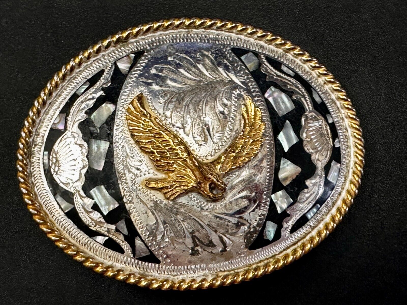 American Flying Hunting Eagle Abalone Shell Chunks Alpaca Mexico Belt Buckle