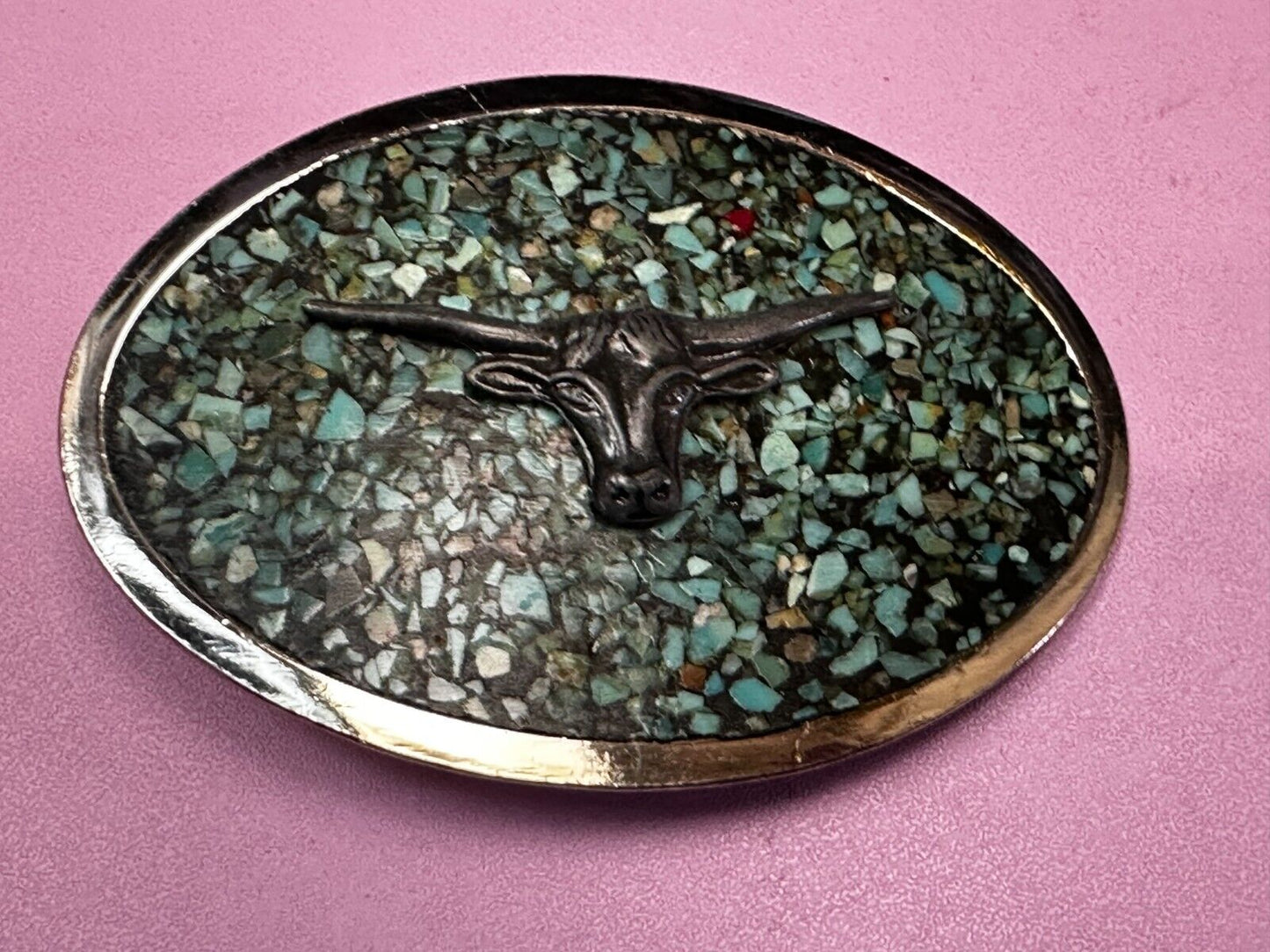 Turquoise chip inlaid Cowboys Cowgirls Longhorn Rodeo Cow Steer Oval Belt Buckle