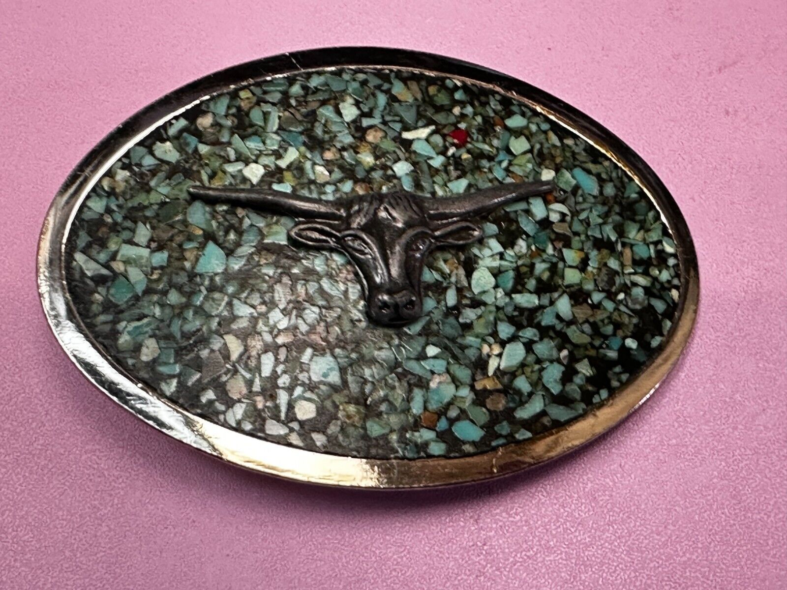 Turquoise chip inlaid Cowboys Cowgirls Longhorn Rodeo Cow Steer Oval Belt Buckle