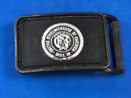 Vintage Leather backed Belt Buckle United Steelworkes of America Dist 38 
