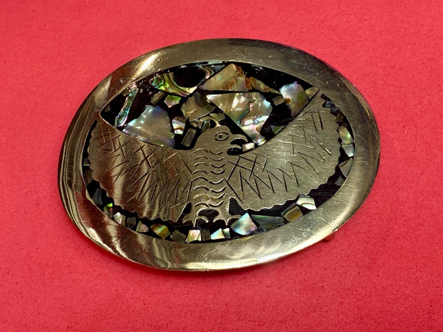 Abalone Shell Native BIRD - wings wide Alpaca Mexico stamped belt buckle