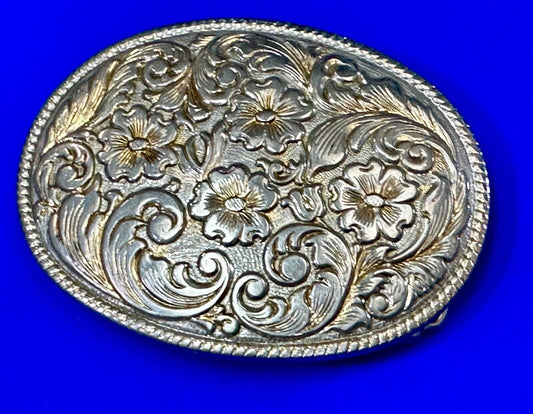 Vintage Chambers brand ornate silver tone oval western belt buckle