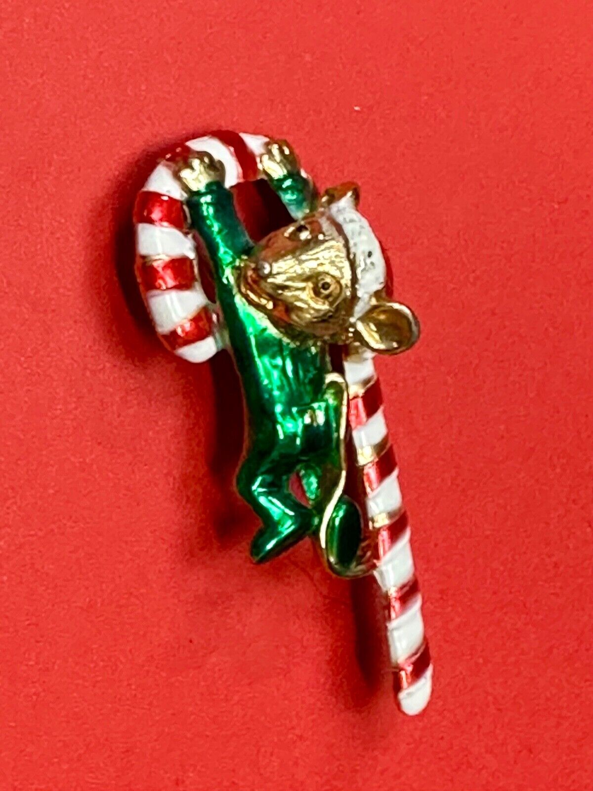 AJC signed MOUSE on Candy Cane Holliday Pin /  Brooch