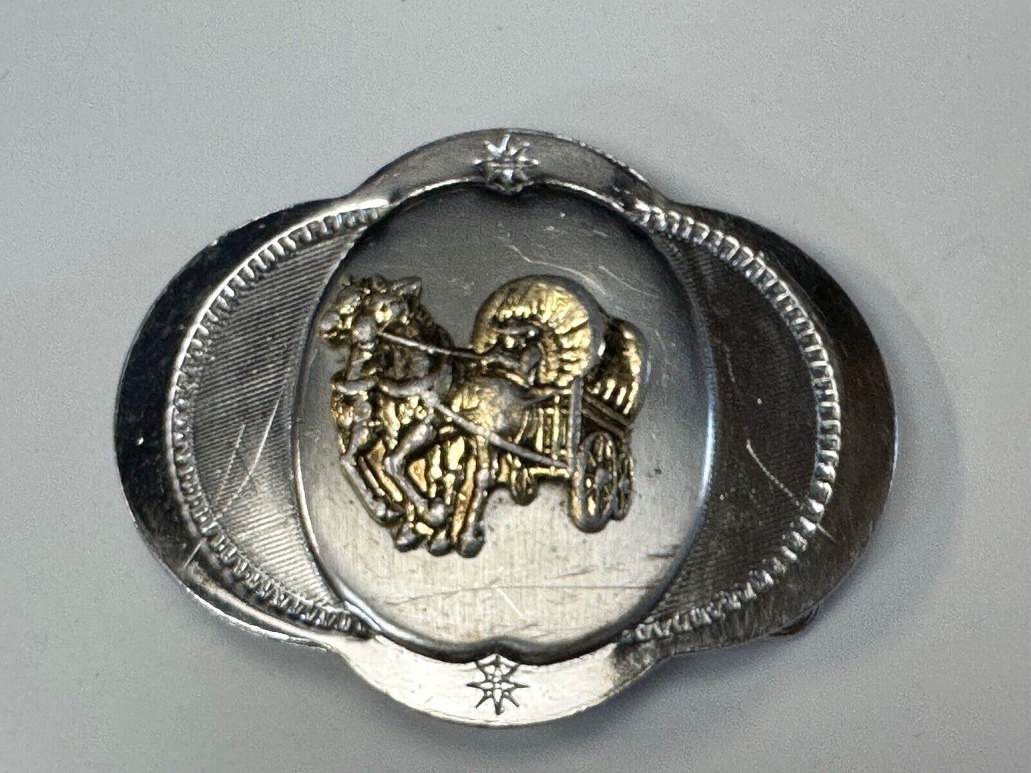 Vintage Horse Drawn Covered wagon on ornate western two tone belt buckle