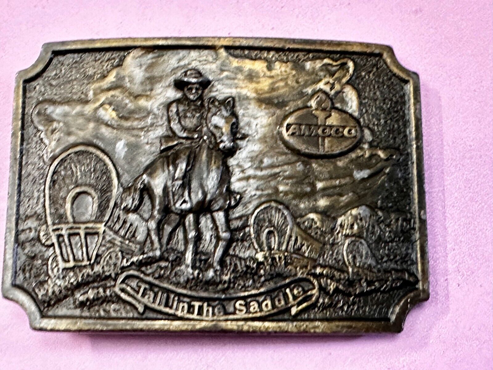 Amoco Oil Tall in the Saddle Wagon Brass Tone Western Cowboy Horse Belt Buckle
