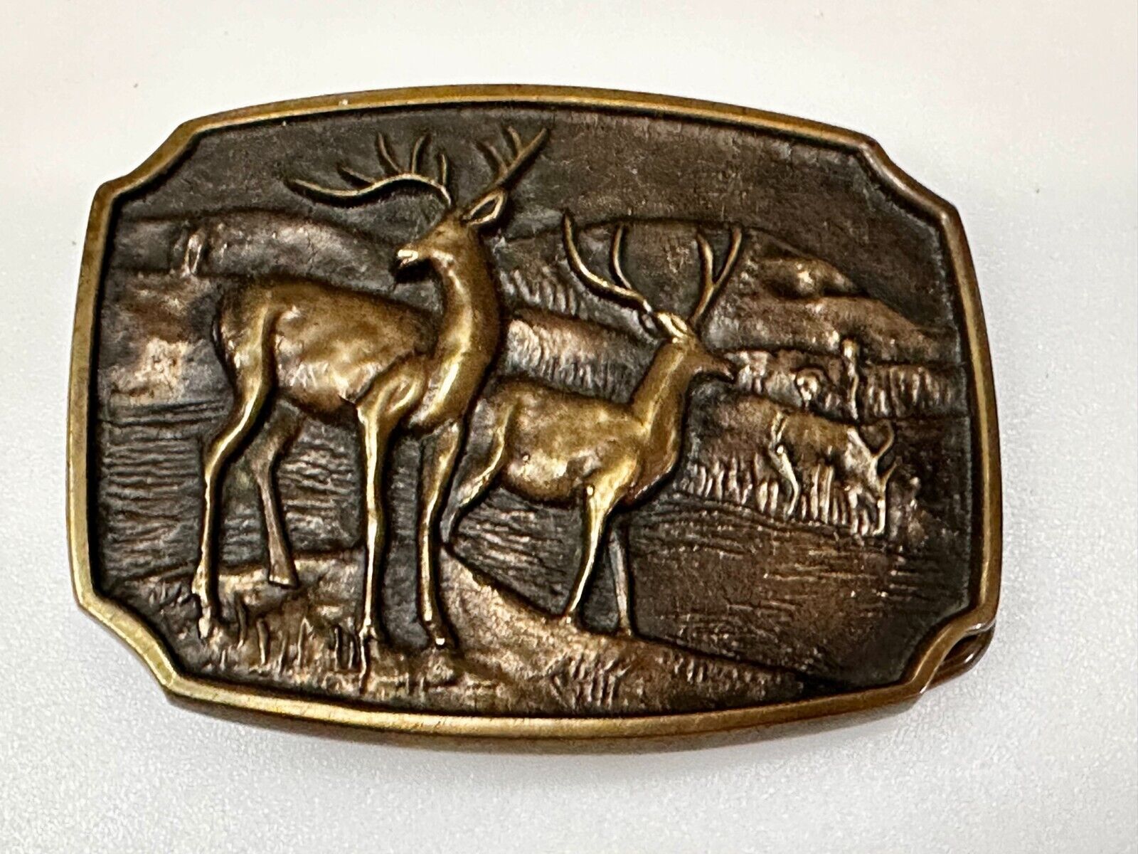 Vintage 1978 BTS Solid Brass Belt Buckle Deer Buck Running Wilderness Made USA