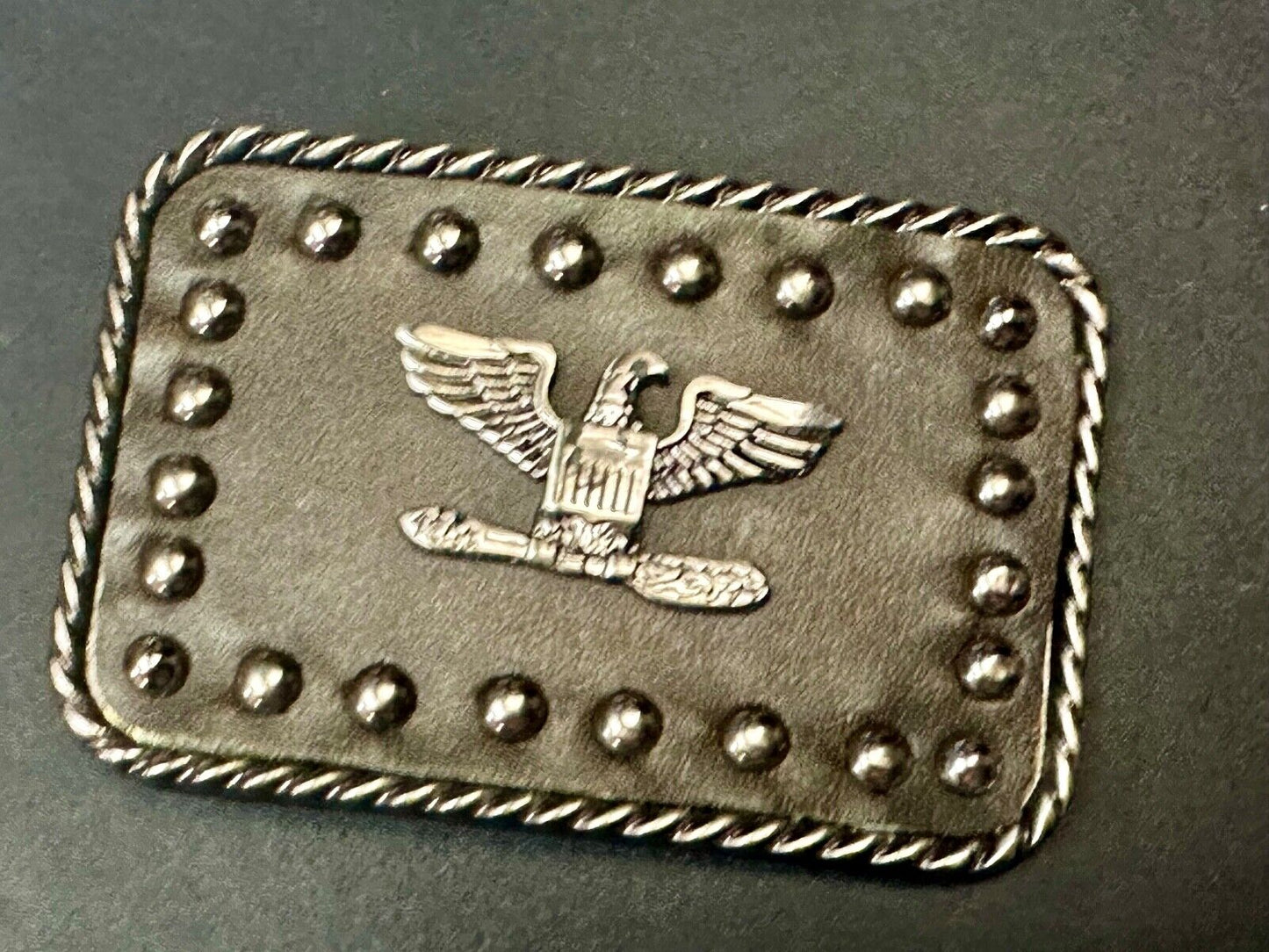 American Eagle - biker style studded black leather background belt buckle