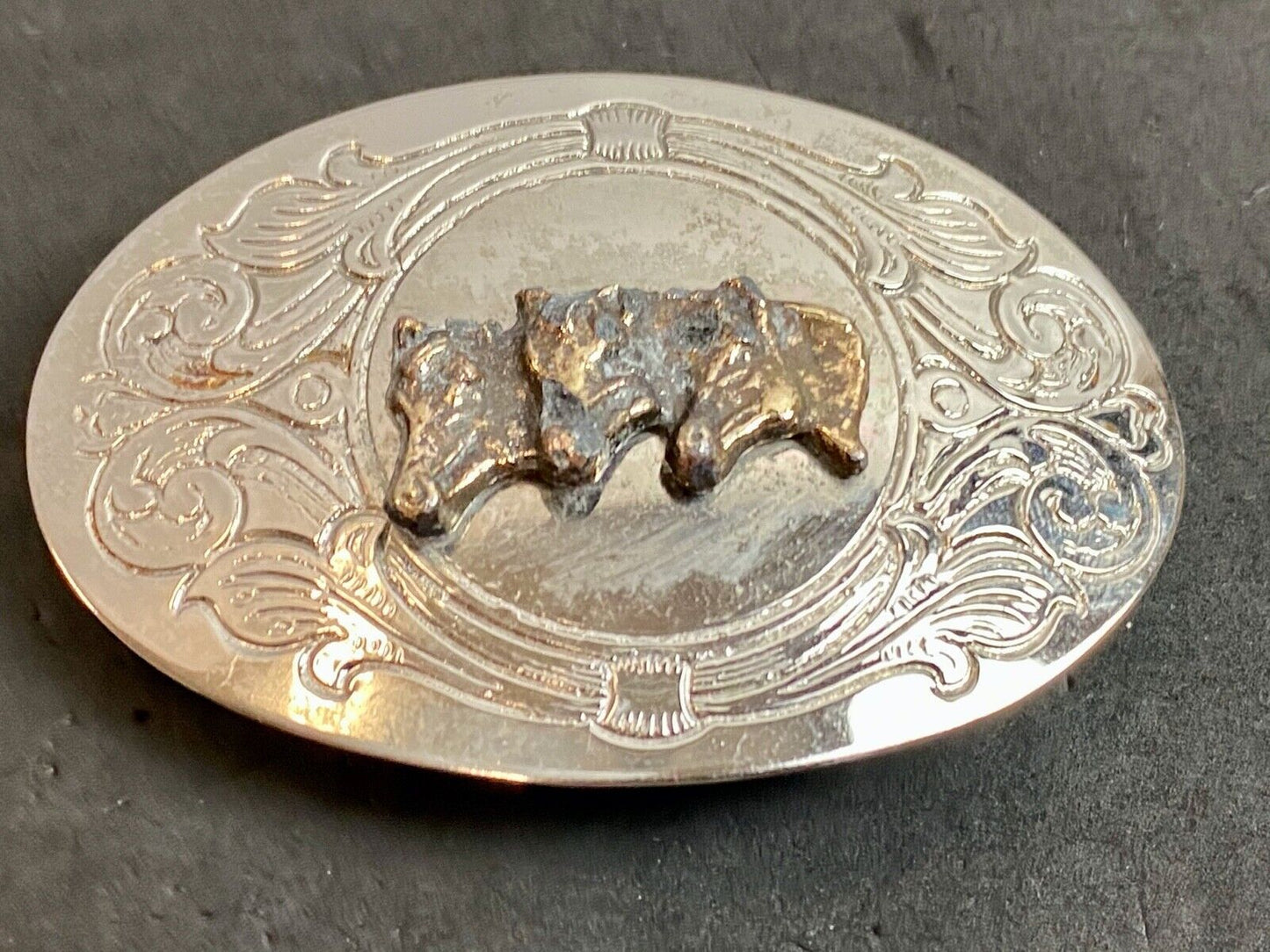 Vintage - There horse heads  bust western engraved belt buckle 