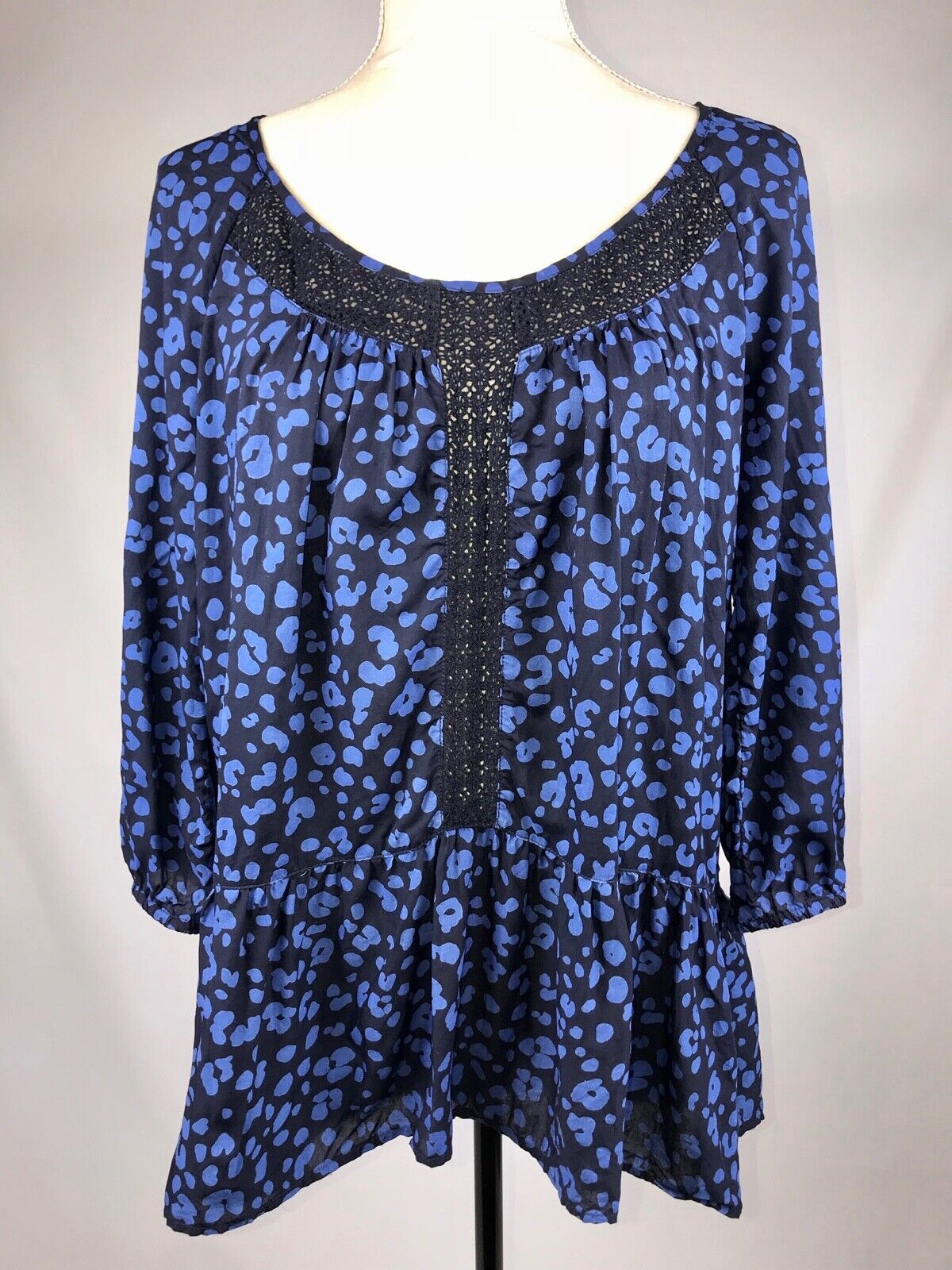 Anthropologie HD IN PARIS "Ressica" Blue Black Floral Lace Hi Lo Tunic Top S