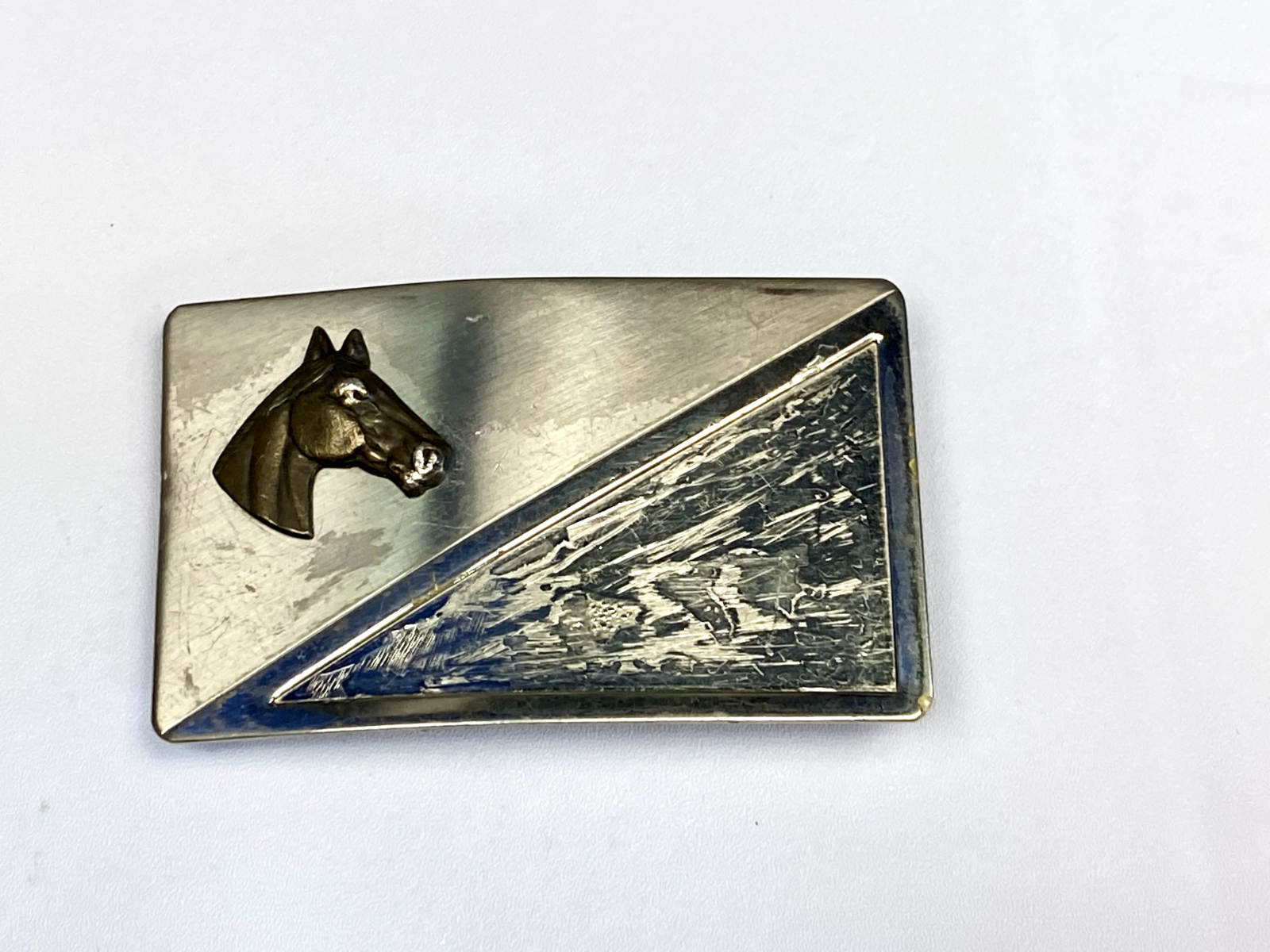 Vintage Horse Head On Nickel Silver Rectangular Belt Buckle