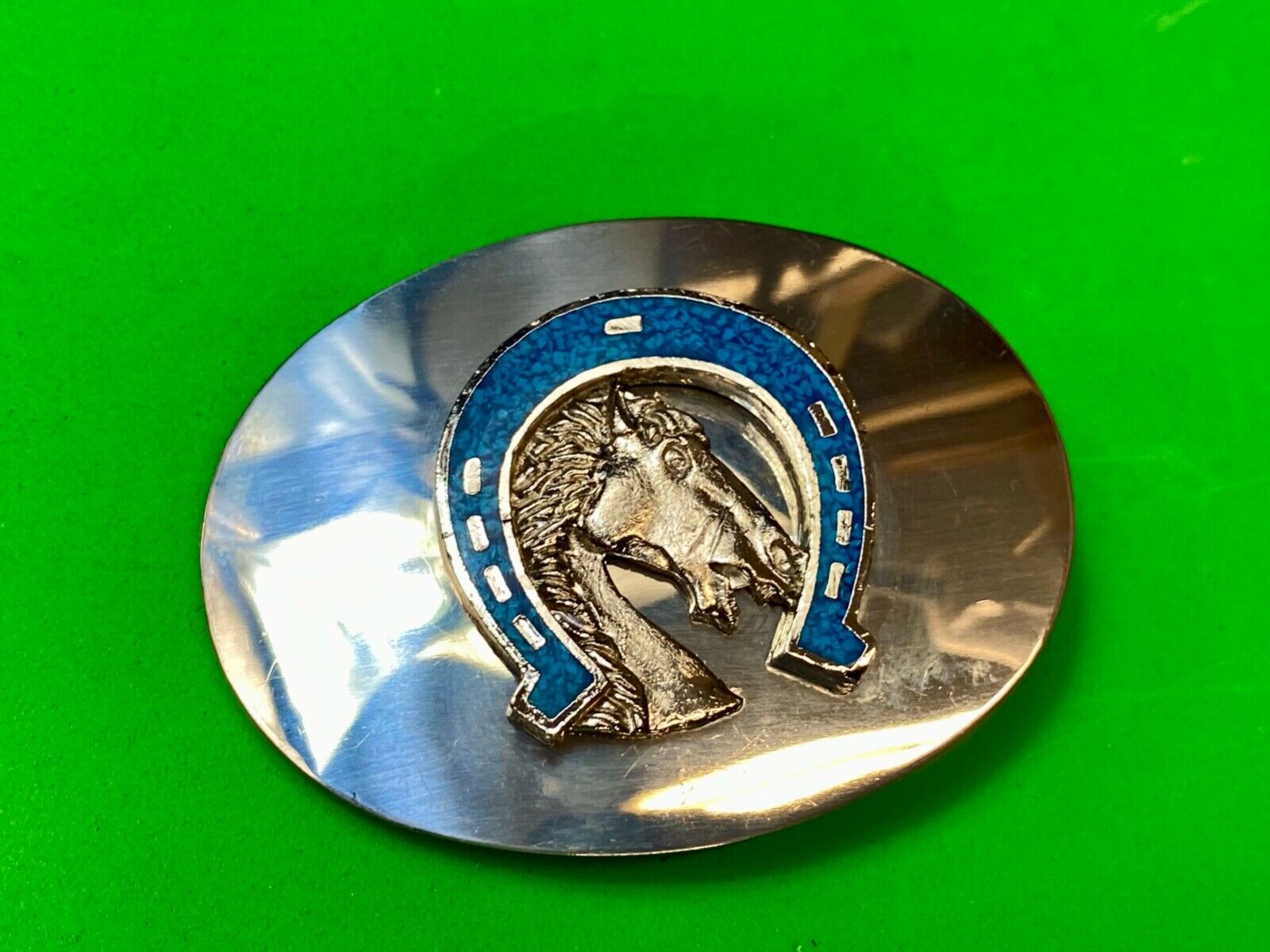 Vintage Horse head in Turquoise chip inlaid Horseshoe reflective belt buckle