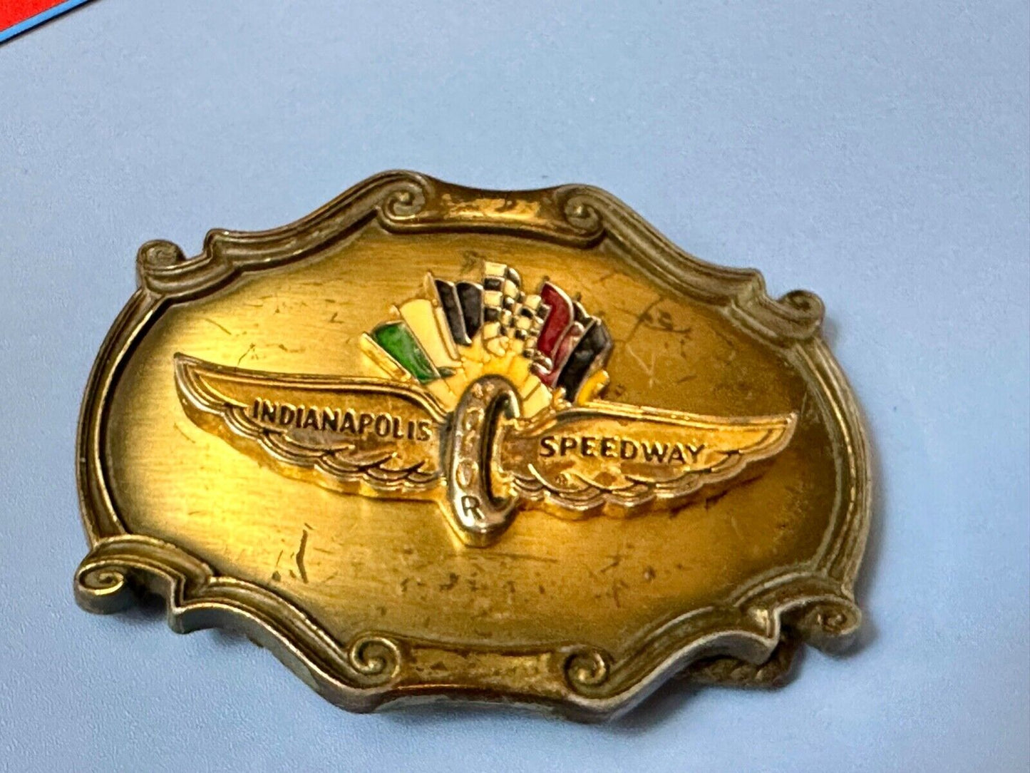 Vintage Indianapolis 500 speedway western framed belt buckle by Raintree