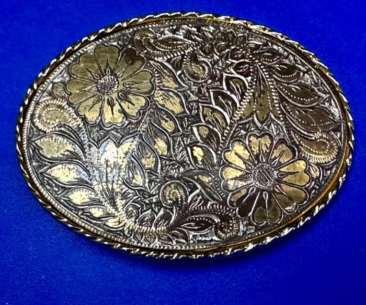 Vintage Etched Flower Floral Theme Western Gold Tone Belt Buckle Marked W