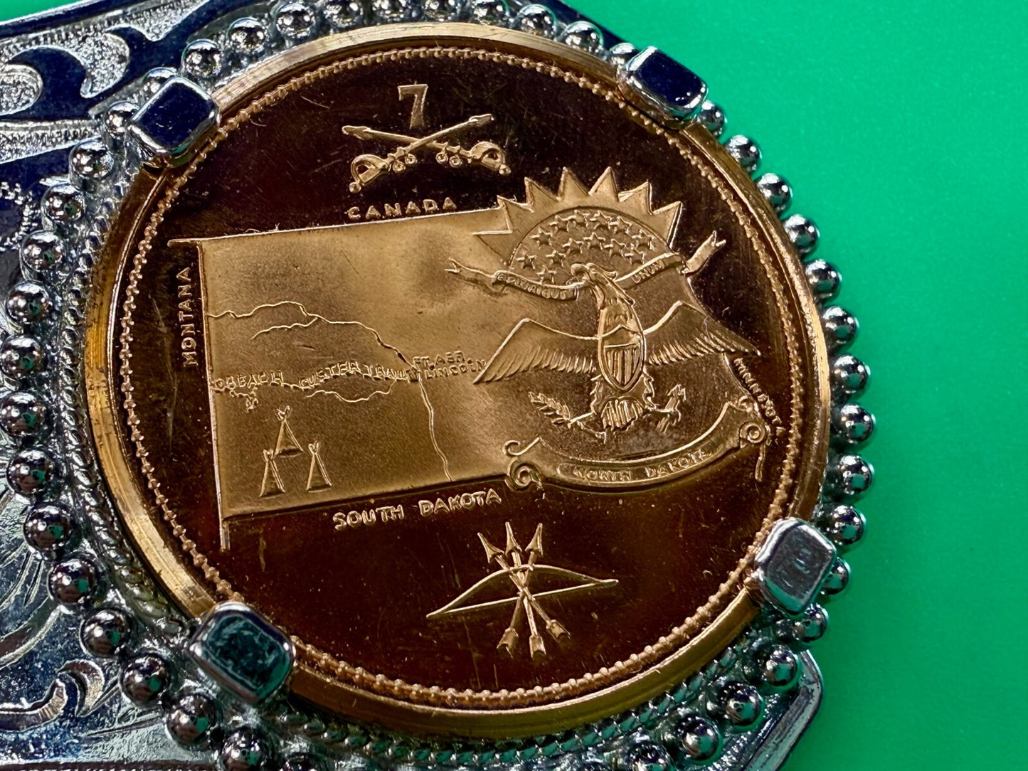 Two Seventh Cavalry Tokens Medallions in Dual Coin Collectors Belt Buckle
