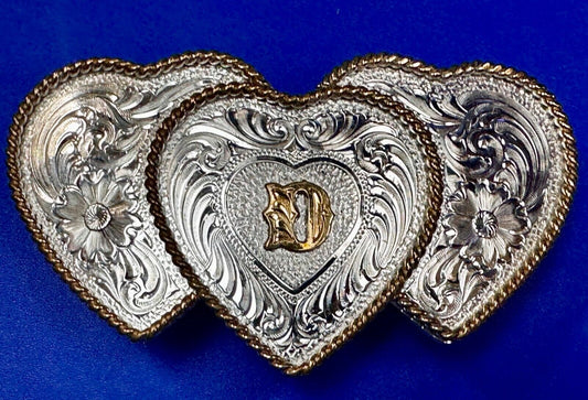 Three Triple Hearts With Initial Letter D Montana Silversmiths Belt Buckle