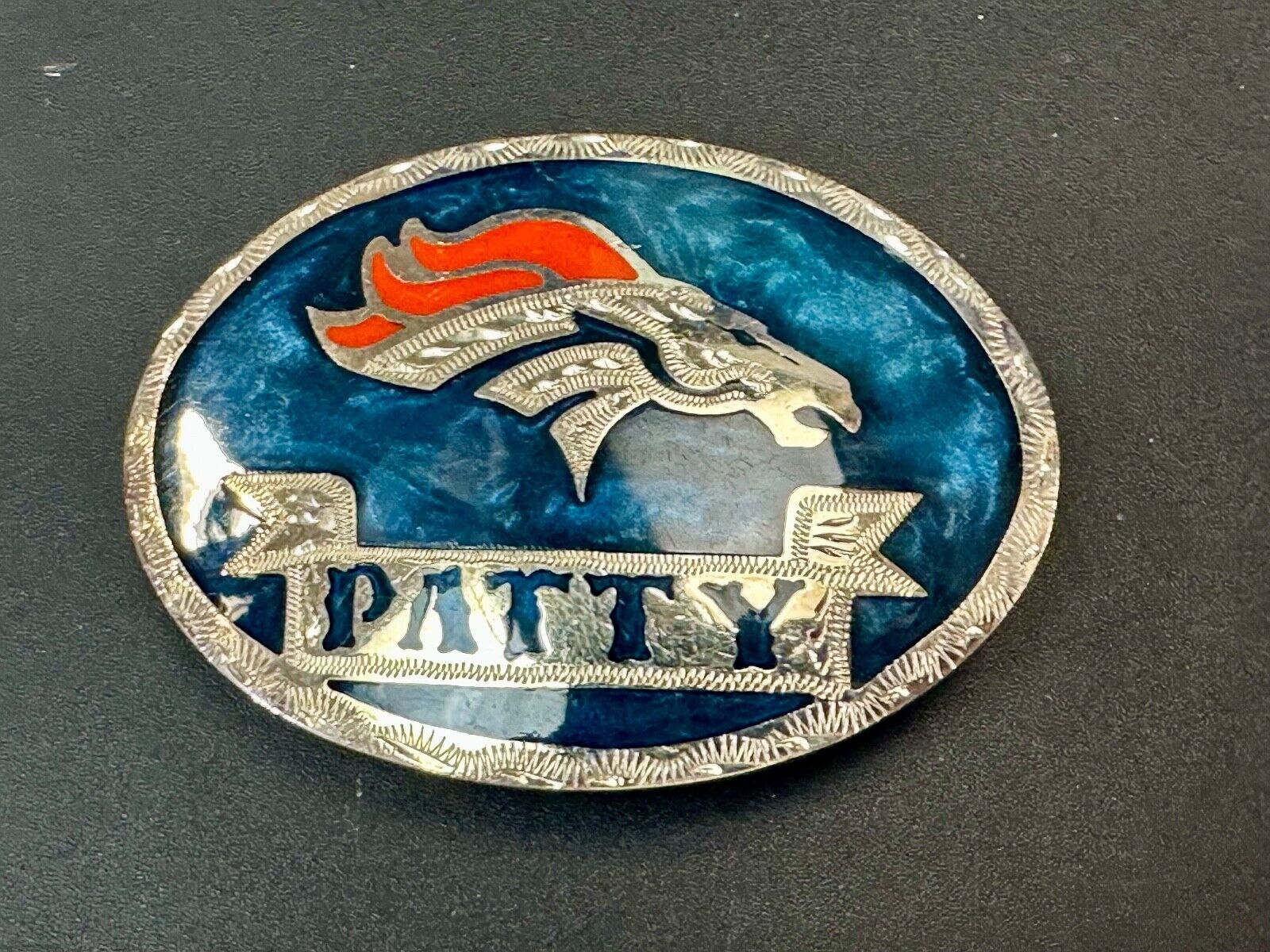 Artisan Custom Name PATTY ribbon - enamel inlaid Mustang race horse belt buckle