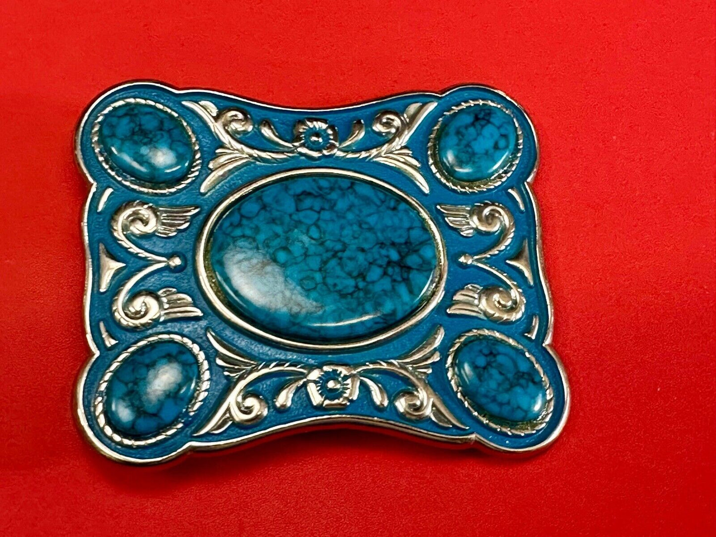 Turquoise Colored Cabochon Stones on Silver Tone Southwestern belt buckle