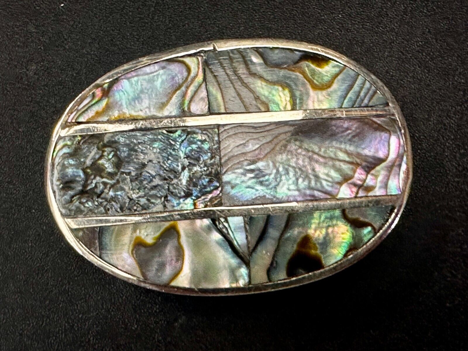 Artisan Natural Abalone Shell Vintage Oval Belt Buckle Marked Mexico