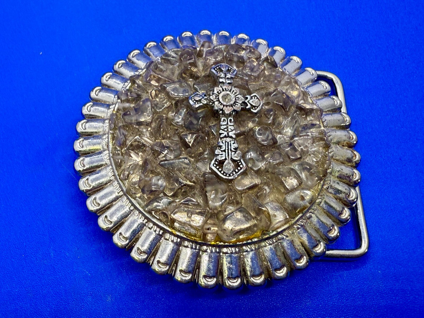 Artisan Religious Iron Cross Clear Stone Covered Unique Round Belt Buckle
