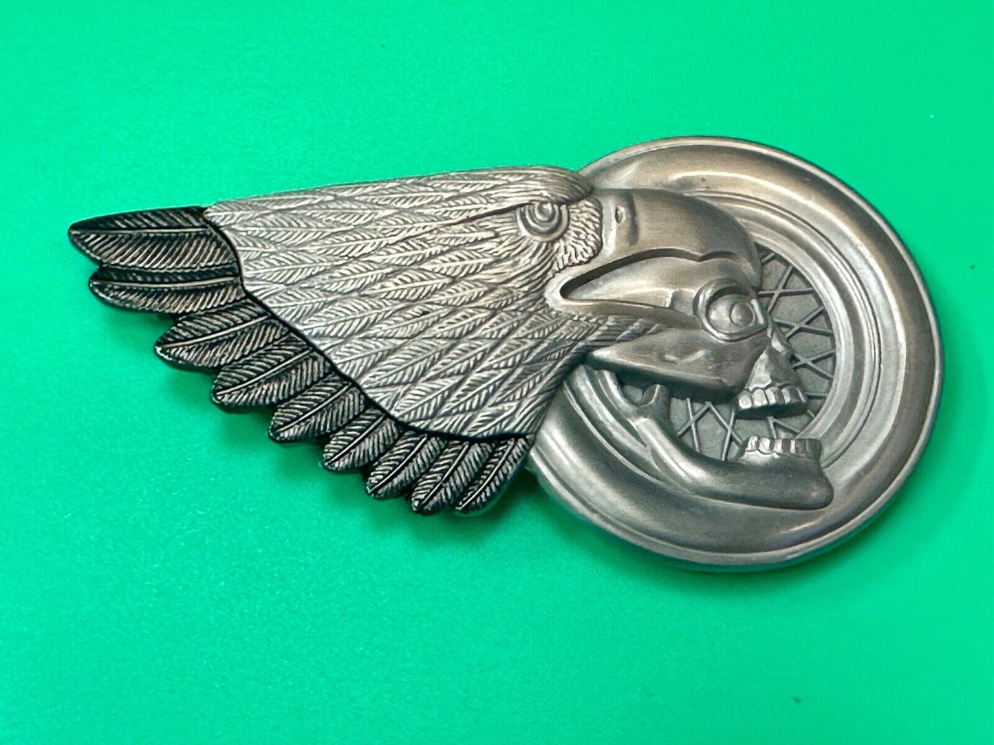 Bikers Skull with Eagle Wing and Motorcycle Wheel figural belt buckle
