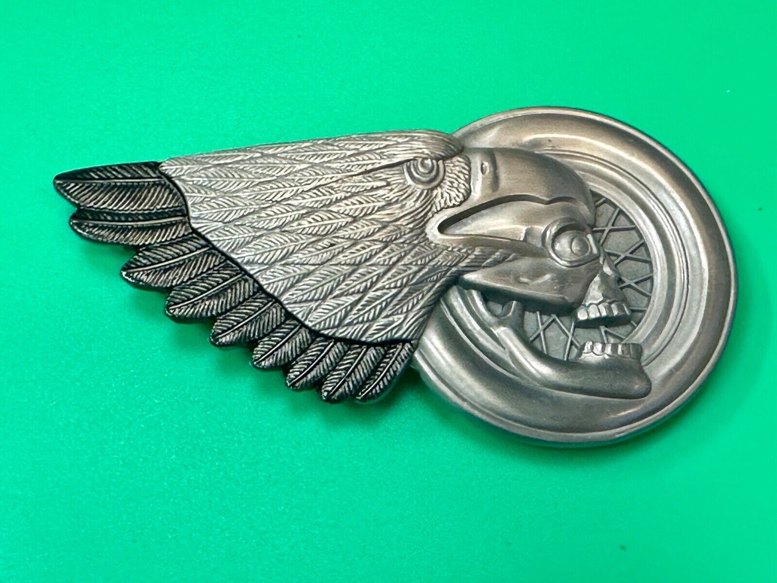 Bikers Skull with Eagle Wing and Motorcycle Wheel figural belt buckle