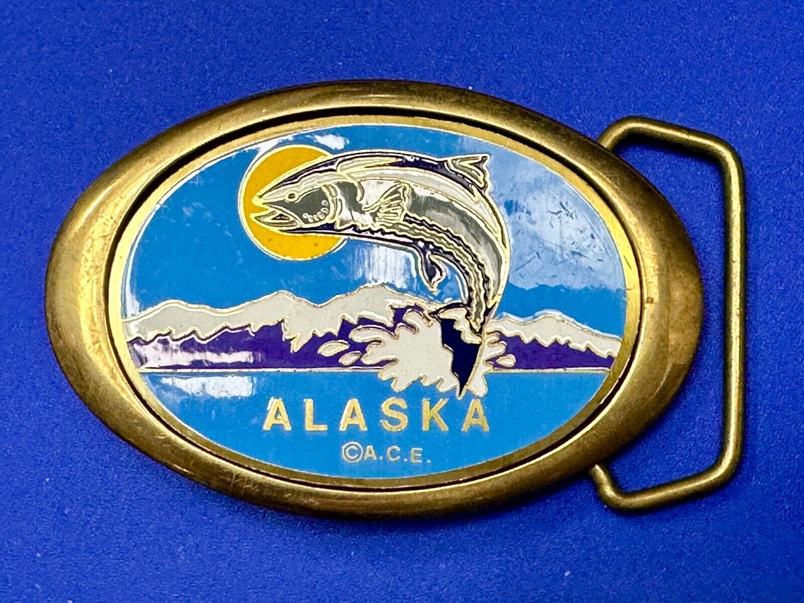 Alaska A.C.E. Jumping Fish - Vintage Solid Brass oval Belt Buckle  QB-101