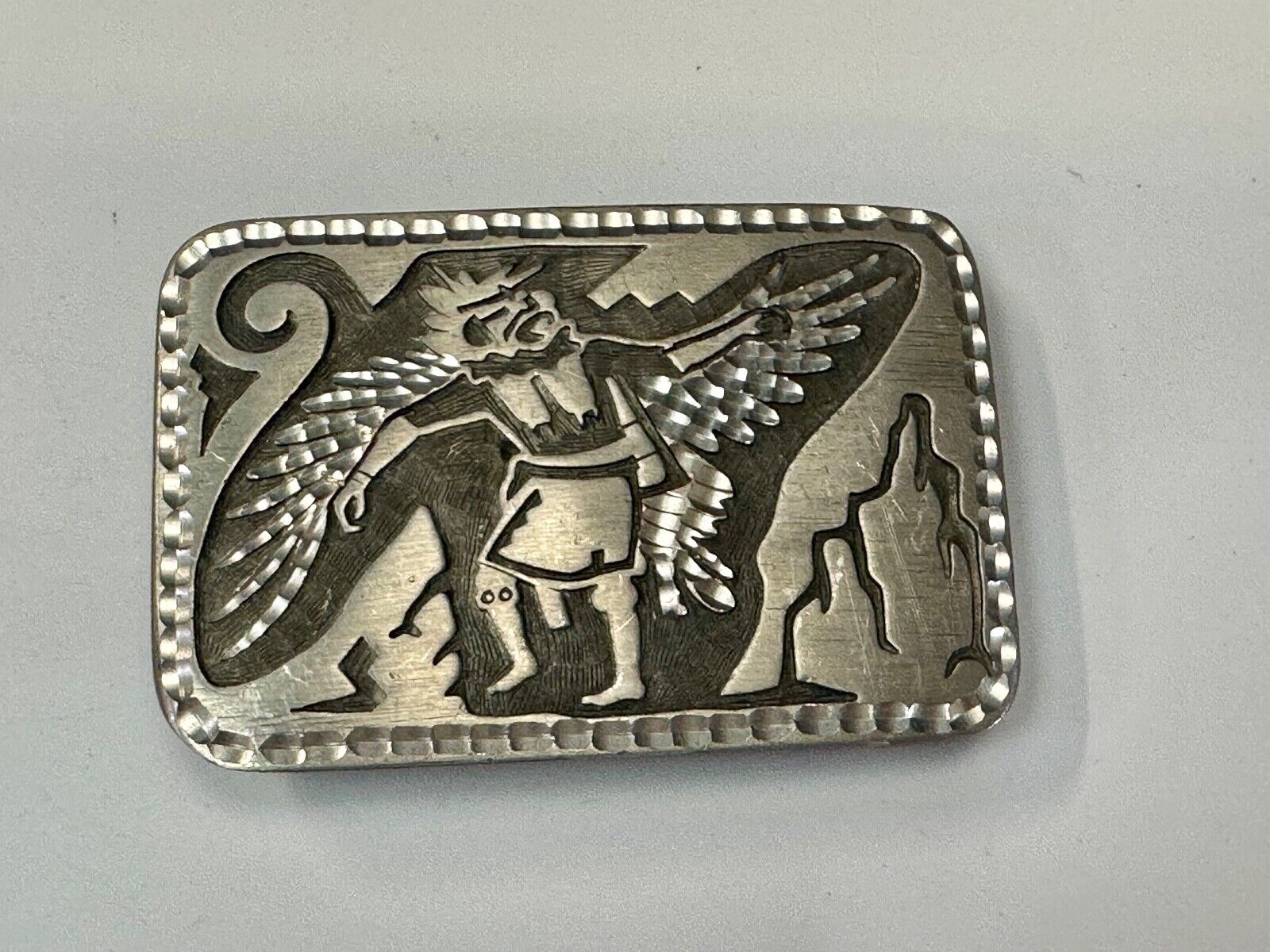 Unique Carving Ancient Mayan God Man Wings etched pewter vintage belt buckle