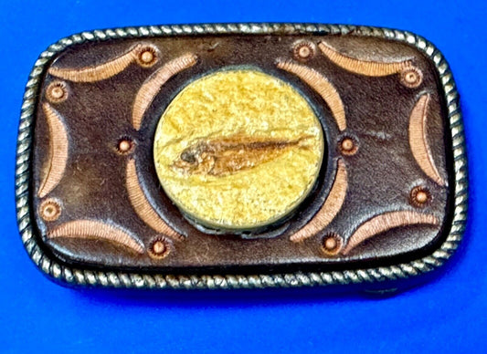 Unique artisan FISH drawing as centerpiece belt buckle - faux? leather backing
