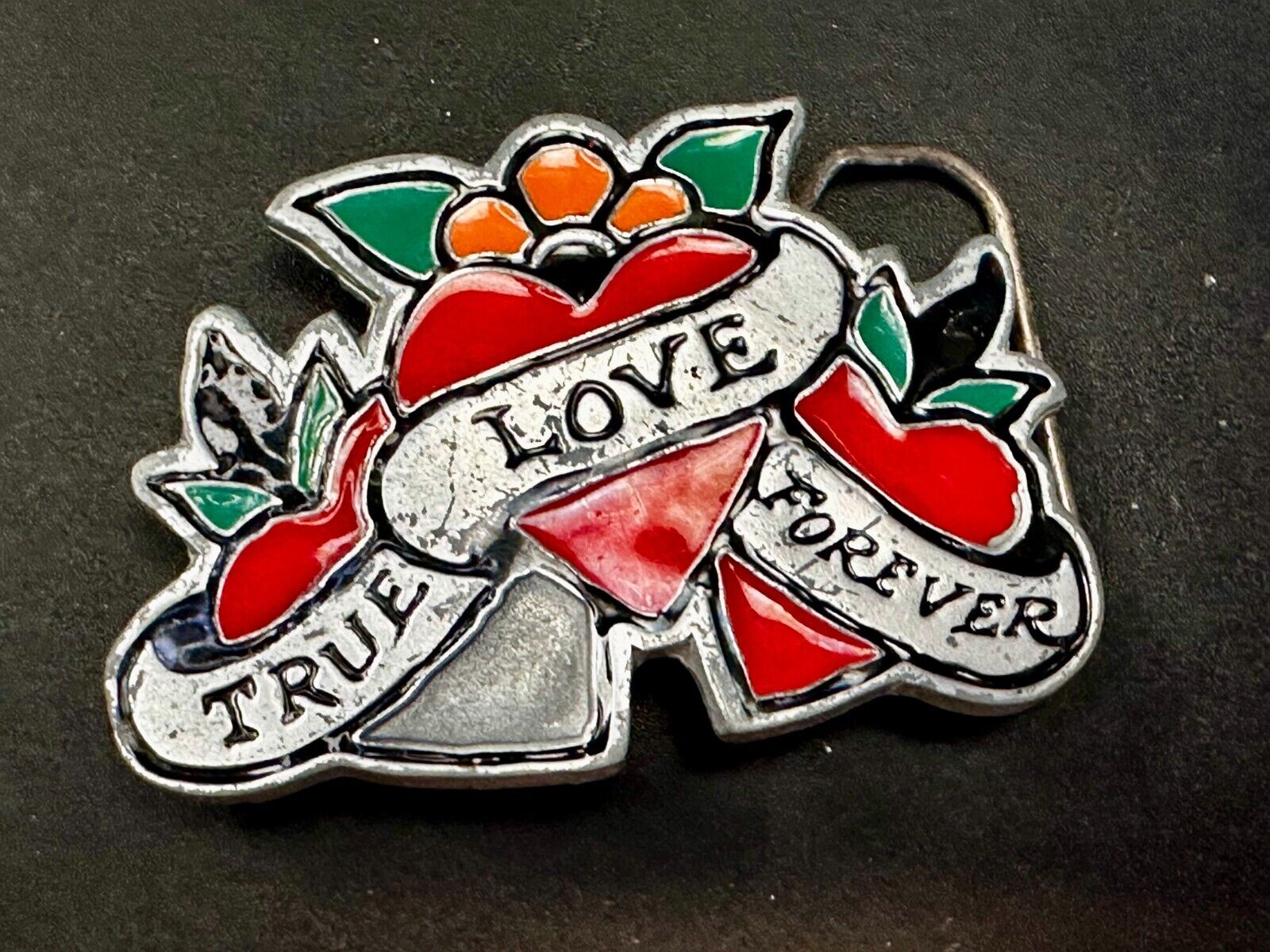 True Love Forever Three Hearts Ribbon Vintage Sailor Jerry Belt Buckle