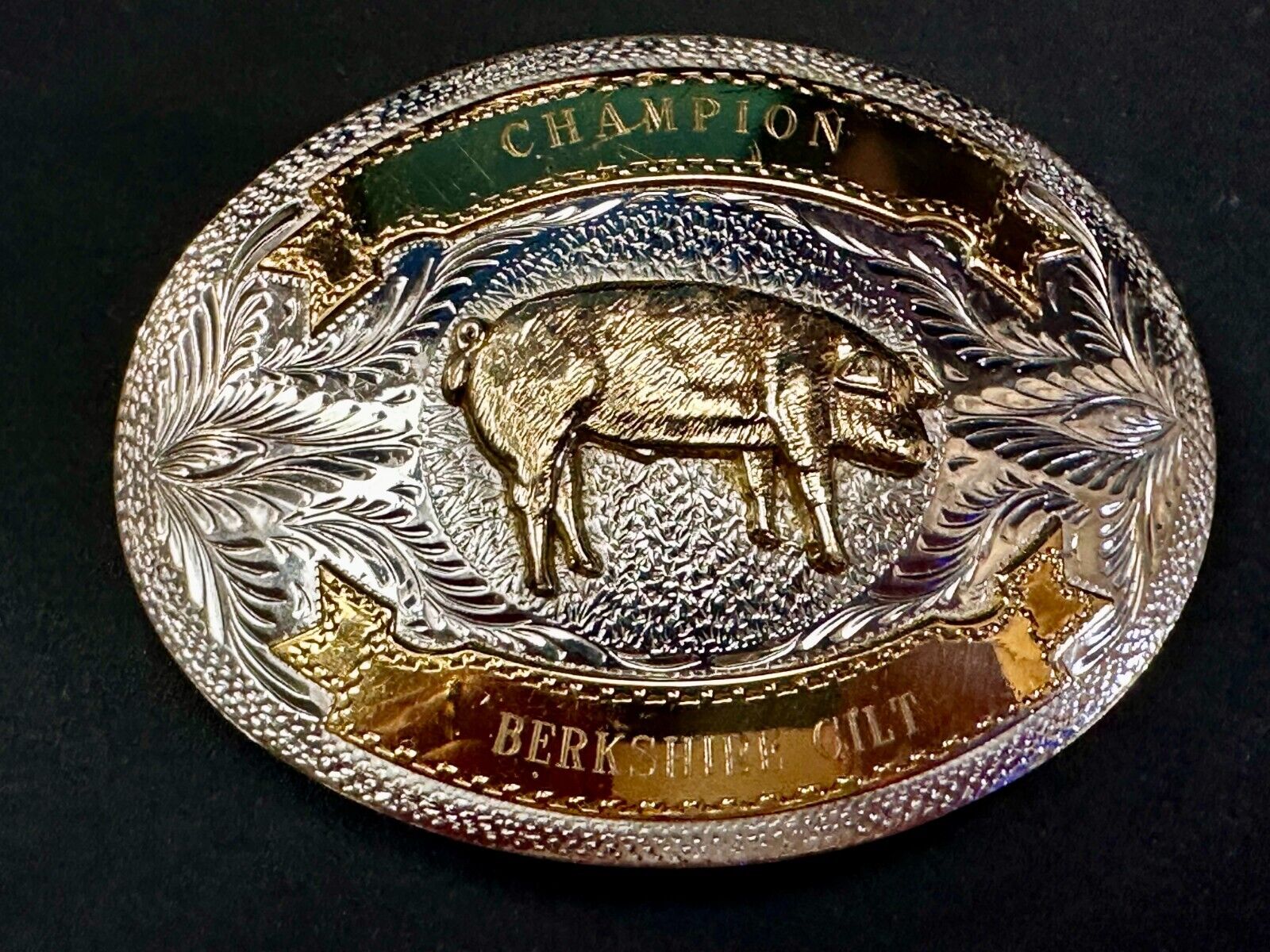 Berkshire Gilt Pig Breed Show Champion Ribbon Trophy Award Design Belt Buckle