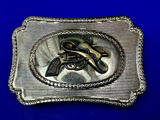 Vintage Cowboy Hat & Revolver Pistol Western Belt Buckle 6 Shooter Gun Buckle