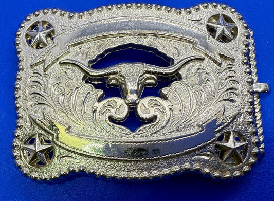 Texas Longhorn Cutout See Through Silver Tone Belt Buckle W/ Stars Award Ribbon