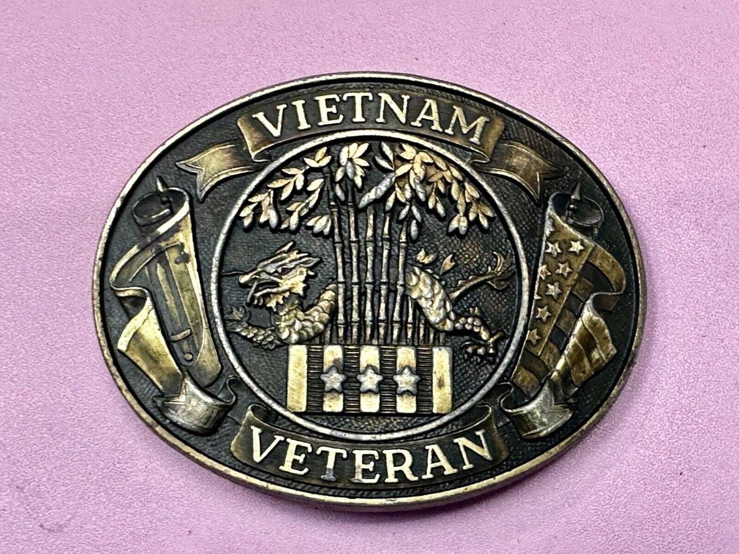 Vietnam Veteran Dragon Bamboo & Flag's Vsm Service Medal Logo Belt Buckle